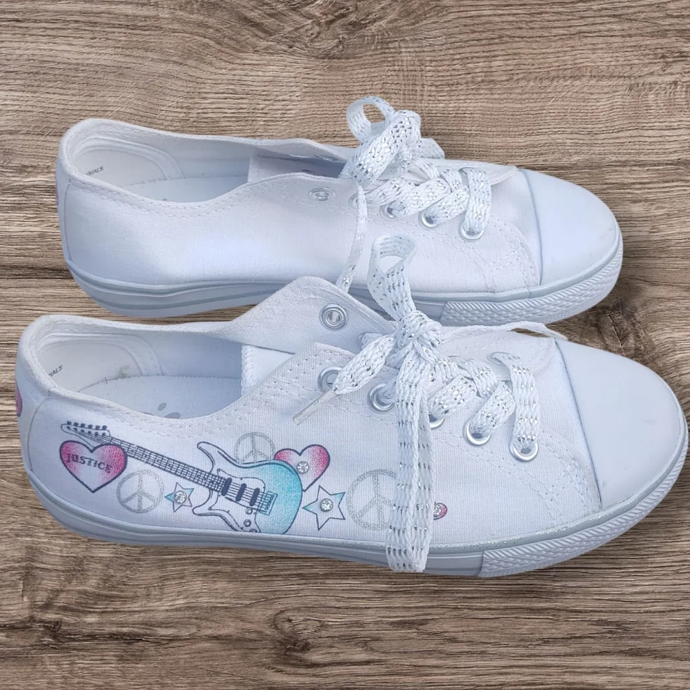 Justice Size 2 White and Pink Kids Shoes with Guitar Design